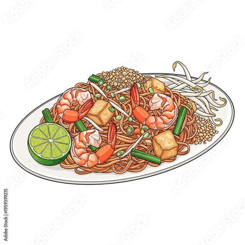 Pad Thai Noodles with Shrimp, Tofu, and Lime - Hand-Drawn Illustration