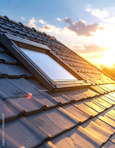 A modern skylight on a tiled roof bathed in golden sunset light.