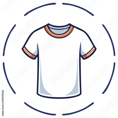 Stylish white ringer tee shirt with orange trim inside a minimalist dashed circle