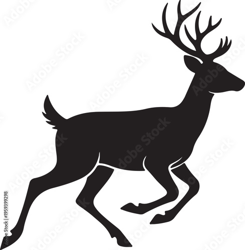 A black silhouette of a deer running on a white background