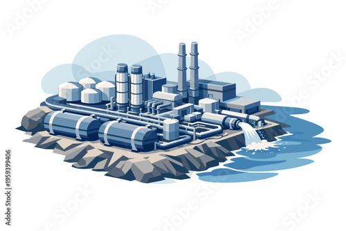 Industrial Factory Complex With Water Discharge.