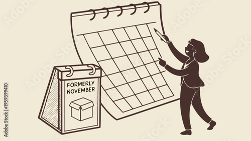Businesswoman planning schedule on large calendar with desktop calendar marked formerly november