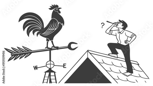 Man on rooftop looking through telescope at weather vane with rooster silhouette