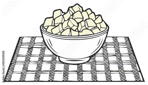 Bowl full of diced food on a checkered mat illustration