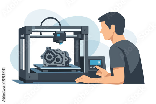 Man operating a 3D printer creating a mechanical part.