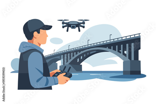 Man piloting drone near bridge over water.