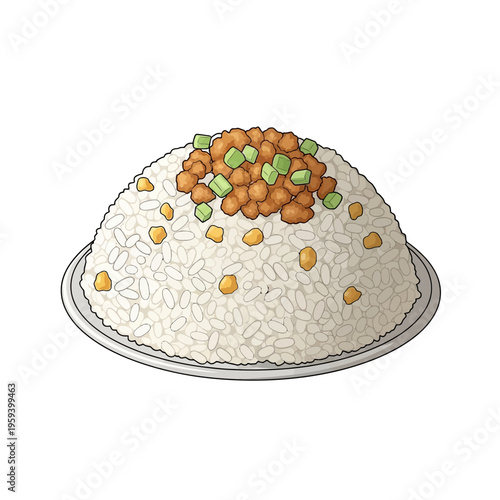 Steamed Rice Dish with Savory Topping and Garnish