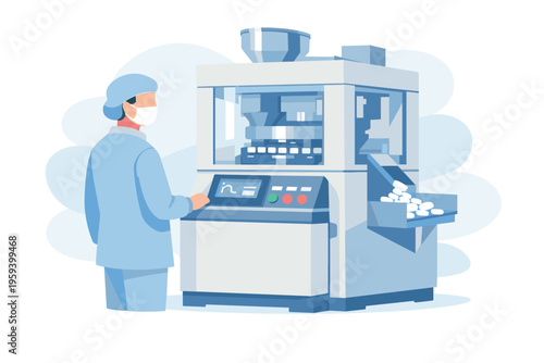 Pharmaceutical worker operating a tablet press machine.