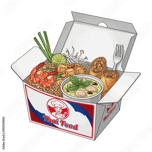 Thai Food Takeout Box with Pad Thai, Spring Rolls, and Green Curry