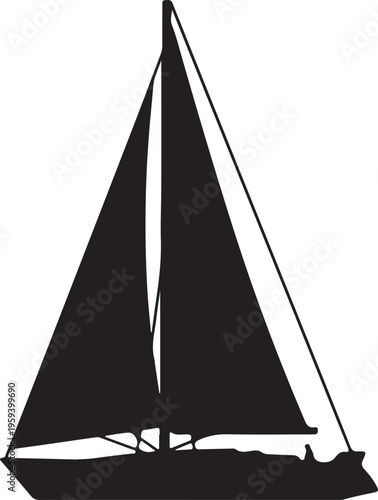 A sleek black sailboat glides smoothly across the water on a sunny day