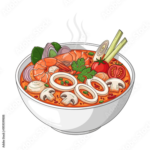 Thai Tom Yum Goong Soup with Shrimp, Squid, and Vegetables