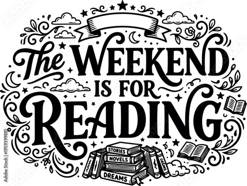 Weekend is for reading stack of books and swirling clouds vector art