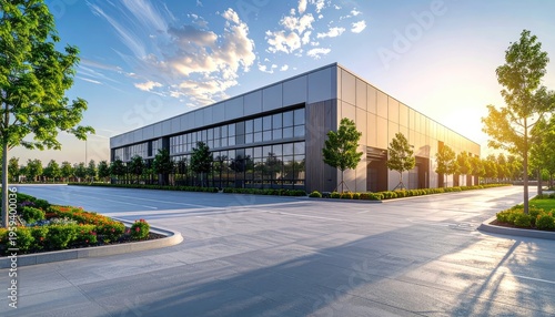 Modern industrial building with glass facade surrounded by trees and landscaping.