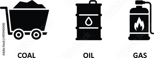 Coal energy cart icon, oil barrel symbol, gas cylinder flame illustration, fossil fuel industry resources, energy production vector, flat vector illustration
