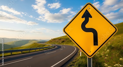 Curved Road Ahead Warning Sign on Highway