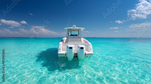 Rear view of a modern white luxury motorboat with twin outboard engines cruising on open water, showcasing sleek design, power, and premium marine lifestyle.