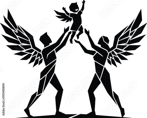 Black vector origami parent figures angular wings lifting child icon guidance support growth family minimal abstract design white background illustration.
