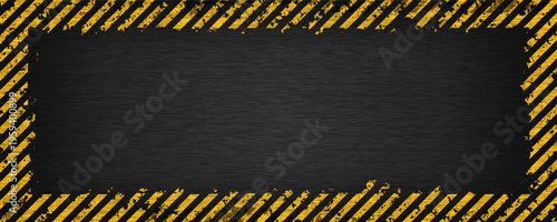 Industrial warning background with yellow and black stripes. Grunge caution tape frame on dark metal texture. Vector illustration.