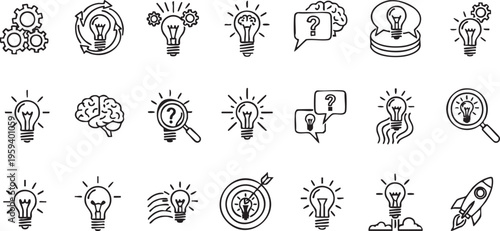 Black line of lightbulbs gears brains and rockets on white line lightbulbs