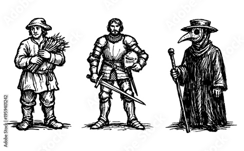Medieval Characters Set: Peasant, Knight and Plague Doctor, Vintage Engraving Illustration
