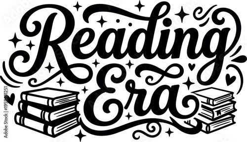 Reading era lettering with stacked books and decorative swirls vector art