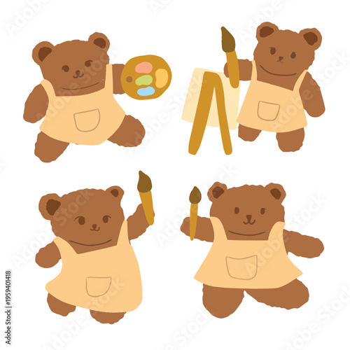Cute Bear Painting with Brush Wearing Apron Cartoon Illustration