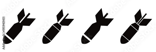 Missile and Bomb Silhouette Icon Set – Ballistic Rockets, Nuclear Warhead, Explosive Devices and Military Weapons 
Vector Collection