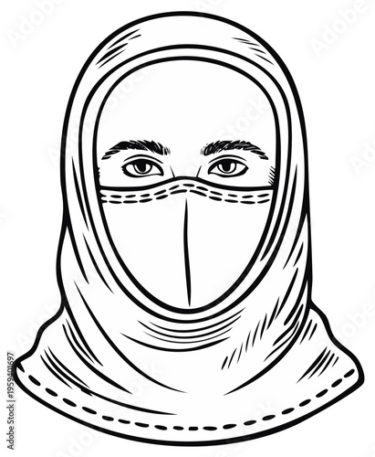 Line art drawing of a woman wearing a hijab and niqab traditional Islamic face covering