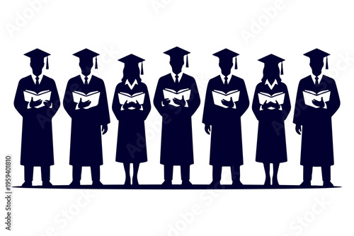 Group of graduating students in caps and gowns holding diplomas