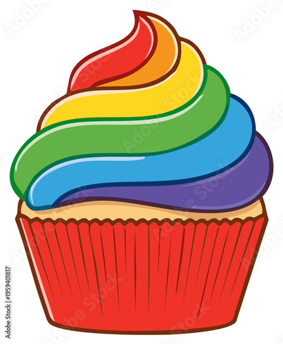 Cartoon cupcake with rainbow frosting in a red liner, sweet dessert treat