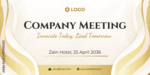 White banner design with gold wavy shape. Fluid Modern Graphic Template Banner for company or business meeting, gathering and event