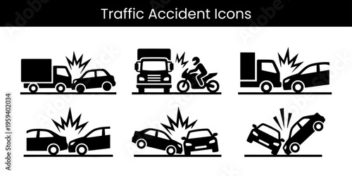 Traffic accident icon set featuring car crashes, truck collisions and motorcycle accidents in black silhouette isolated