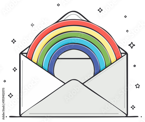 A colorful rainbow message of hope and good news emerging from an open envelope illustration