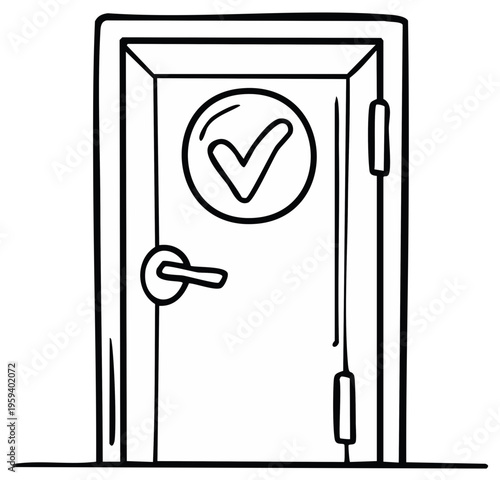Simple line drawing of a closed door with a checkmark symbol inside a circle on the door indicating approval or success