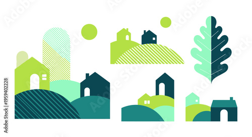 Sustainable Eco-Friendly Landscape Illustrations with Geometric Houses, Hills, and Green Leaf Icons