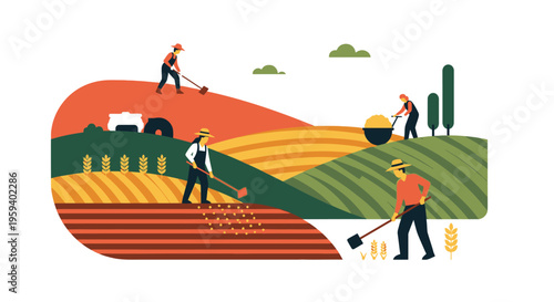 Farmers Working in Agricultural Fields, Sustainable Farming and Harvesting Flat Vector Illustration