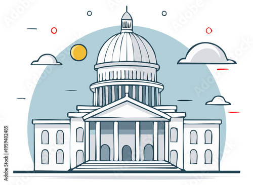 Architectural Illustration of a Government Building Facade with Dome in Clean Style