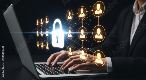 A person types on a laptop displaying a glowing padlock icon and interconnected user network, symbolizing digital security, data protection, and business network privacy with free space