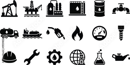 Oil and gas industry icons: oil rig, refinery, tanker, barrel, drill, fuel pump, gas