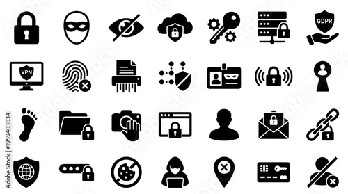 Cybersecurity Icons Set Representing Digital Security Privacy Data Protection and Online Safety Concepts
