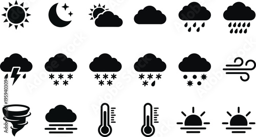 Weather icons: sun, moon, clouds, rain, snow, wind