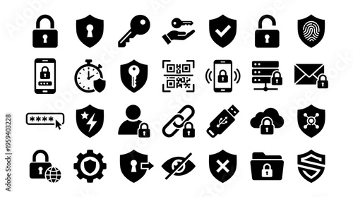 Collection of security and privacy icons representing digital protection data safety and online access control concepts