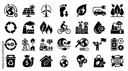 Eco friendly concept icons set for sustainable development and green energy solutions for a healthy planet future