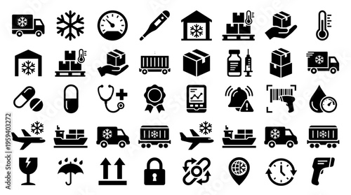 Collection of logistics and delivery icons representing temperature control, shipping, and cold chain management for goods transportation and storage.