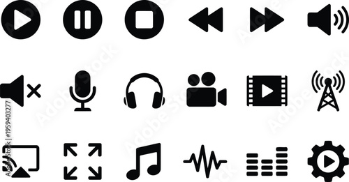 Media and audio icons: play, pause, stop, volume, microphone, headphones, a set of black icons related to media playback 