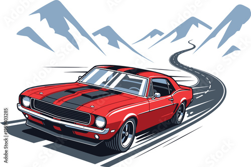 Iconic retro car cruises through majestic mountains