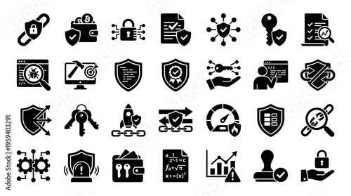 Cybersecurity and digital protection icons set representing data security, encryption, network safety, and online privacy concepts