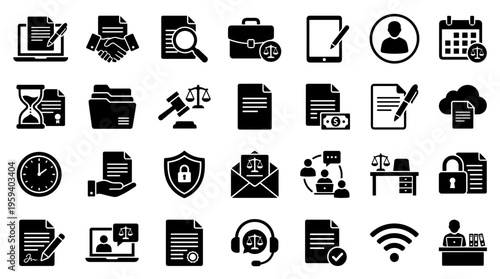 Legal and business icons representing law justice finance and office work with documents and technology on a white background