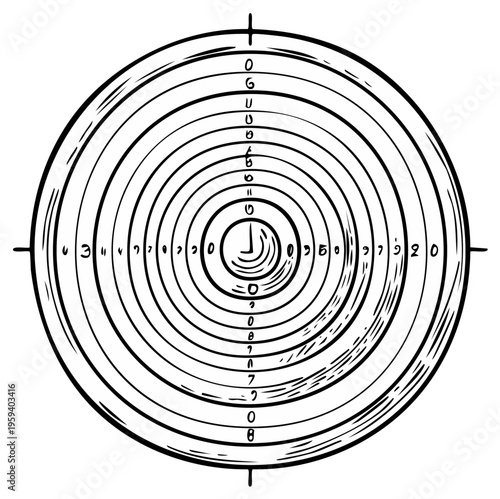 Circular target with concentric rings and numbered score zones in black and white outline