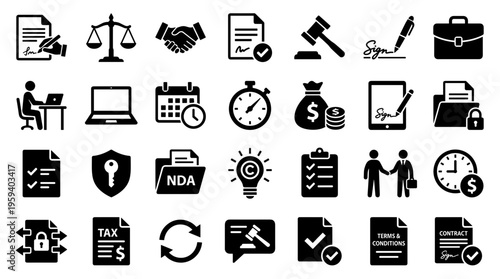 Collection of business and legal icons representing contracts, law, finance, and agreements with a modern flat design style